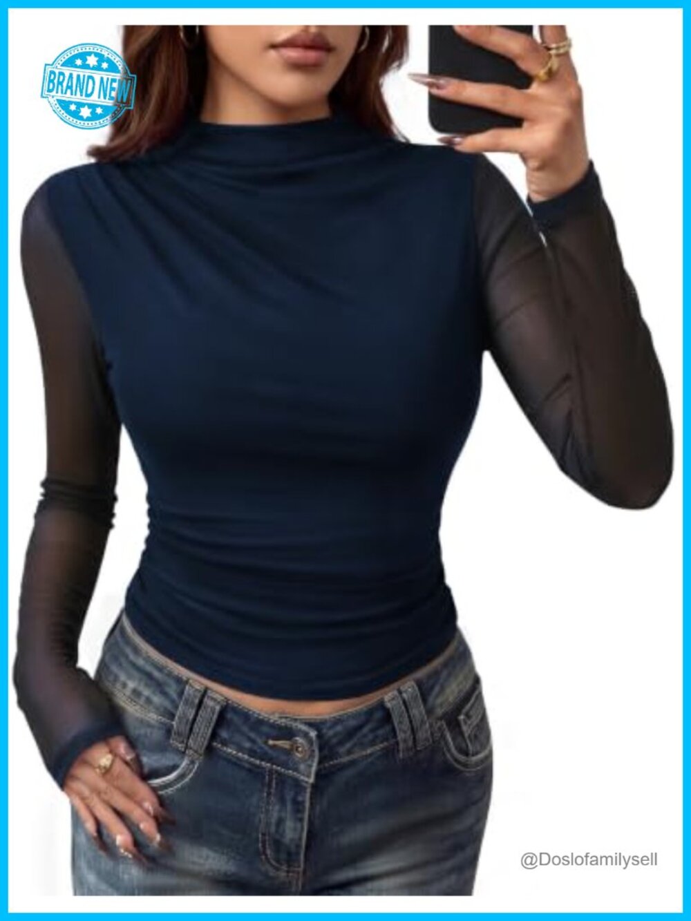 Kate K's Mesh Long Sleeve Slim Fit Mock Neck Blouse